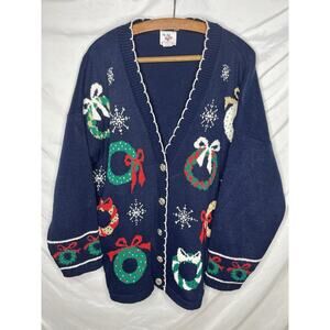 Nutcracker Holiday Cardigan Sweater Wreaths Sparkly Accents Size Large 1980s